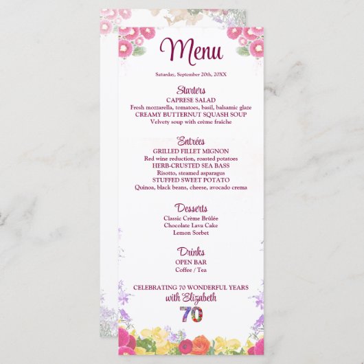 Elegante Bloemen 70ste Verjaardagsfeest / 70 jaar Menu (Voorkant / Achterkant)