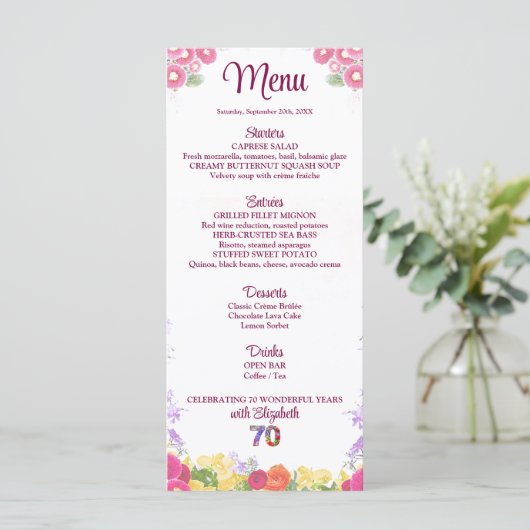 Elegante Bloemen 70ste Verjaardagsfeest / 70 jaar Menu (Staand voorkant)