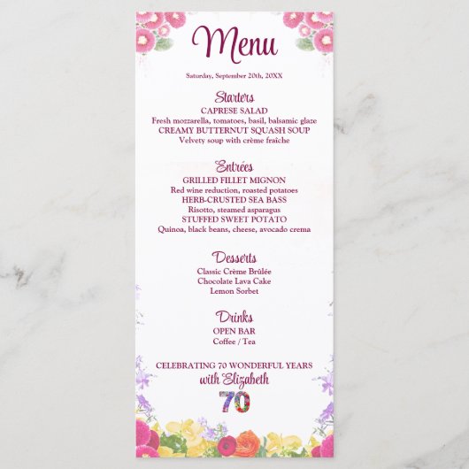 Elegante Bloemen 70ste Verjaardagsfeest / 70 jaar Menu (Voorkant)