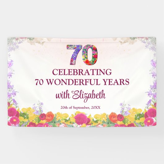 Elegante Bloemen 70ste Verjaardagsfeest / 70 jaar Spandoek (Horizontaal)