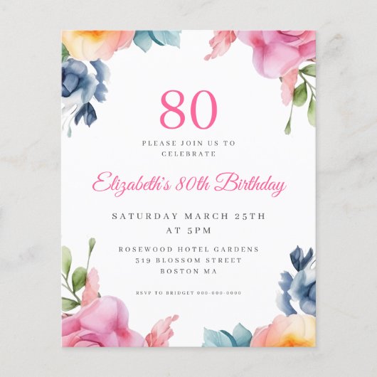 Elegante Bloemen 80e Verjaardag Budget Uitnodiging (Voorkant)
