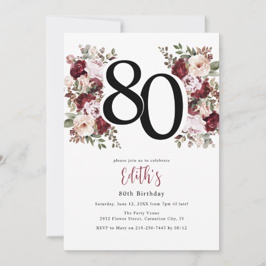 Elegante Bloemen 80ste Verjaardag Kaart (Voorkant)