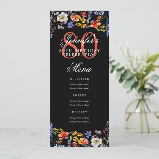 Elegante Bloemen 80ste Verjaardag Party Menu Zwart Kaart (Staand voorkant)