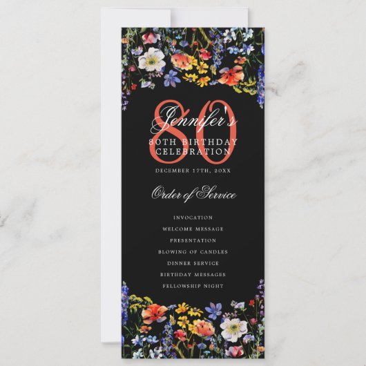 Elegante Bloemen 80ste Verjaardag Programma Zwart (Voorkant)