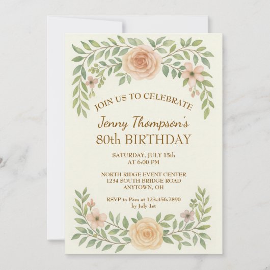 Elegante Bloemen 80ste Verjaardag Uitnodiging (Voorkant)