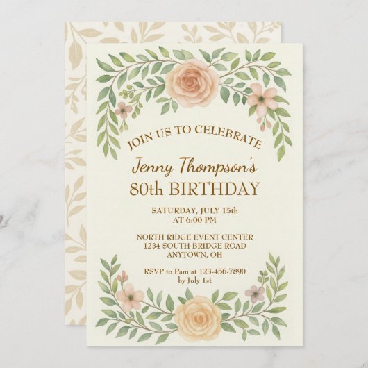 Elegante Bloemen 80ste Verjaardag Uitnodiging (Voorkant / Achterkant)