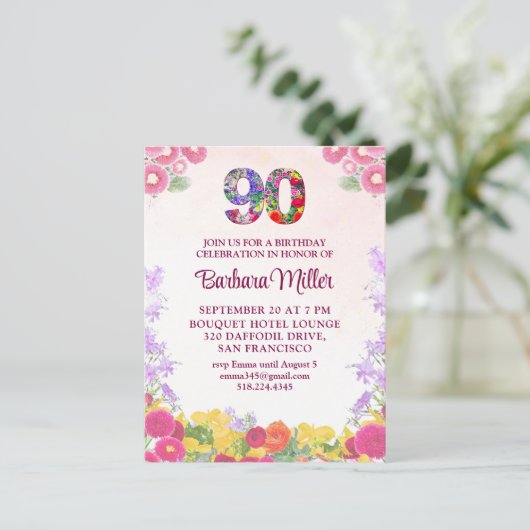 Elegante Bloemen 90ste Verjaardag Uitnodiging (Staand voorkant)
