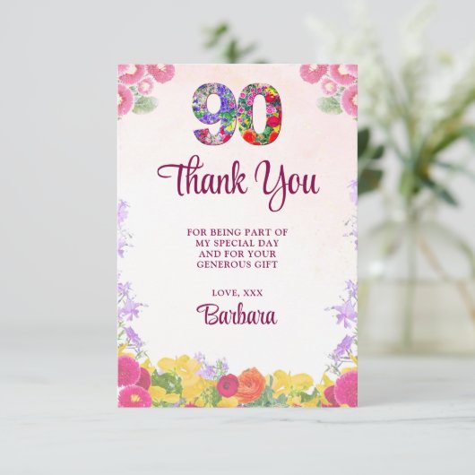 Elegante Bloemen 90ste Verjaardagsfeest / 90 jaar Bedankkaart (Staand voorkant)