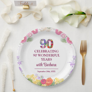 Elegante Bloemen 90ste Verjaardagsfeest / 90 jaar Papieren Bordje
