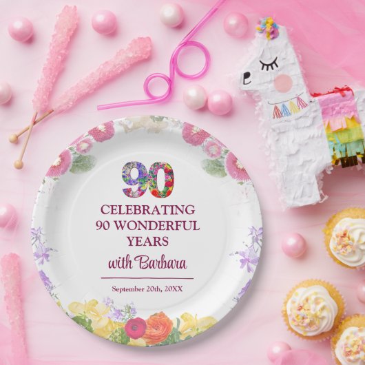 Elegante Bloemen 90ste Verjaardagsfeest / 90 jaar Papieren Bordje (Feest)