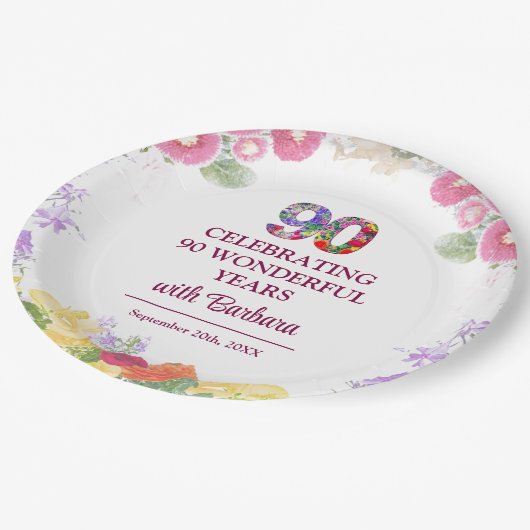 Elegante Bloemen 90ste Verjaardagsfeest / 90 jaar Papieren Bordje (Gekanteld)