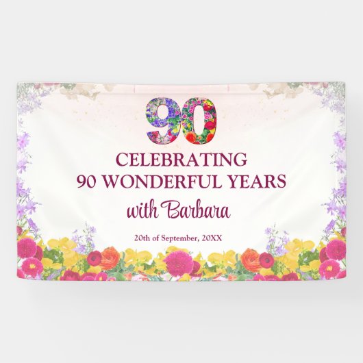 Elegante Bloemen 90ste Verjaardagsfeest / 90 jaar Spandoek (Horizontaal)