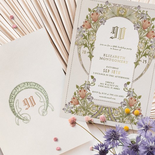Elegante  Bloemen 90ste Verjaardagsfeestje Folie Folie Uitnodiging