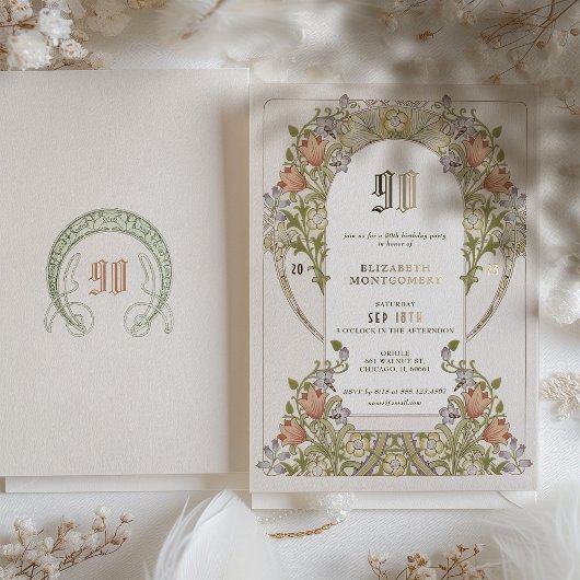 Elegante  Bloemen 90ste Verjaardagsfeestje Folie Folie Uitnodiging