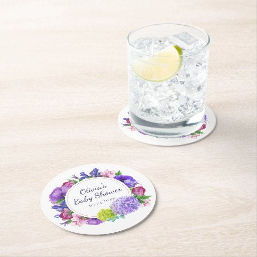 Elegante bloemen | BABY SHOWER WATERVERF Ronde Kartonnen Onderzetter (Insitu)