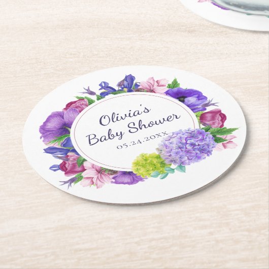 Elegante bloemen | BABY SHOWER WATERVERF Ronde Kartonnen Onderzetter (Gebogen)