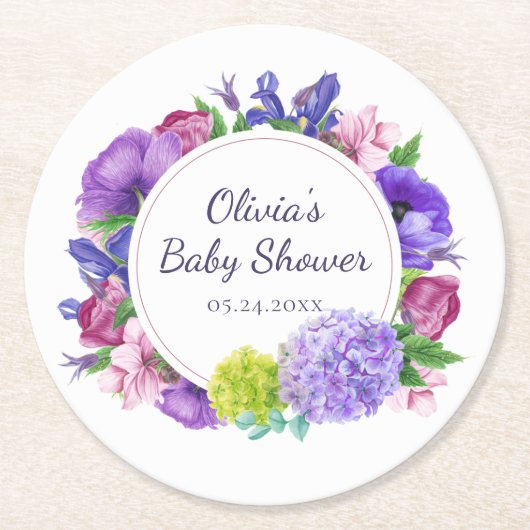 Elegante bloemen | BABY SHOWER WATERVERF Ronde Kartonnen Onderzetter (Voorkant)