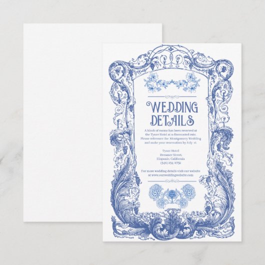 Elegante Bloemen Barok Blauw Column Huwelijk Informatiekaartje (Voorkant / Achterkant)