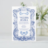Elegante Bloemen Barok Blauw Column Huwelijk Informatiekaartje (Staand voorkant)