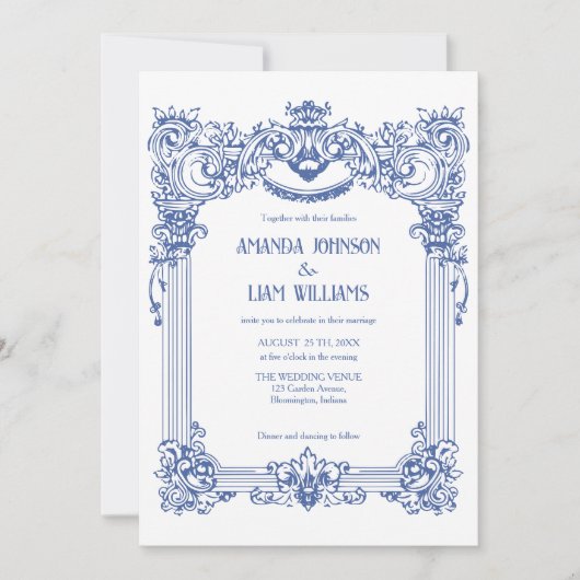 Elegante Bloemen Barok Blauw Column Huwelijk Kaart (Voorkant)