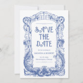 Elegante Bloemen Barok Blauw Column Huwelijk Save The Date (Voorkant)