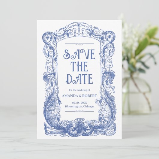 Elegante Bloemen Barok Blauw Column Huwelijk Save The Date (Staand voorkant)
