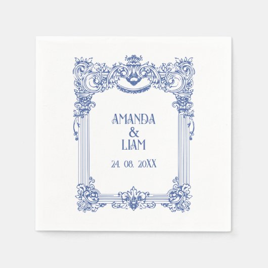 Elegante Bloemen Barok Blauw Column Huwelijk Servet (Voorkant)