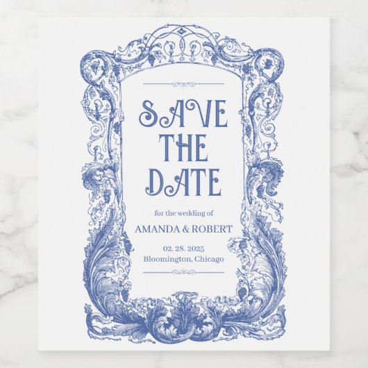 Elegante Bloemen Barok Blauw Column Huwelijk Wijn Etiket (Enkel label)