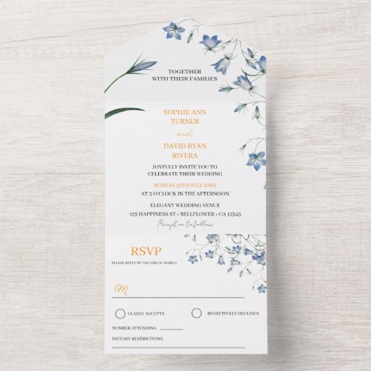 Elegante Bloemen Bellflower Seal En Stuur Huwelijk All In One Uitnodiging (Binnen)