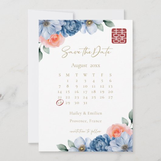 Elegante Bloemen Bewaar De Datum Chinese Huwelijk Kaart (Voorkant)