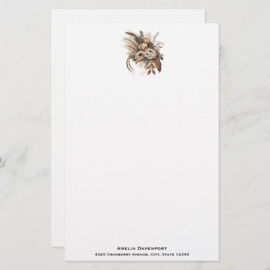 Elegante bloemen, bladeren en veren briefpapier (Voorkant / Achterkant)