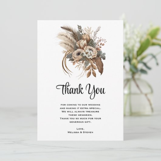 Elegante bloemen bladeren en veren bruiloft bedankkaart (Staand voorkant)