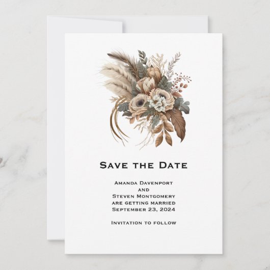 Elegante bloemen bladeren en veren bruiloft save the date (Voorkant)