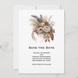 Elegante bloemen bladeren en veren bruiloft save the date