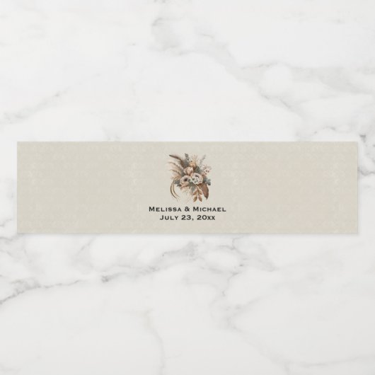 Elegante bloemen bladeren en veren bruiloft waterfles etiket (Enkel label)