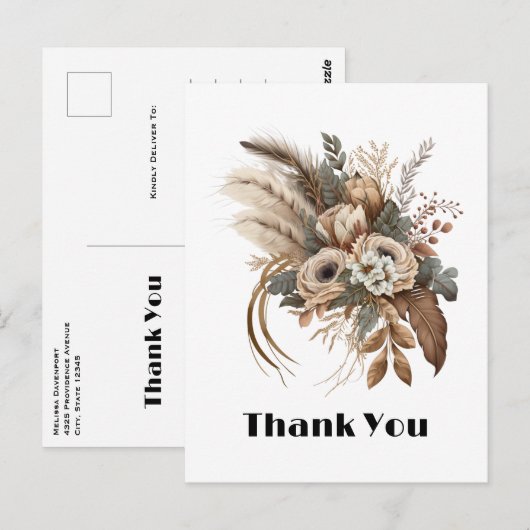 Elegante bloemen bladeren en veren dank u briefkaart (Voorkant / Achterkant)
