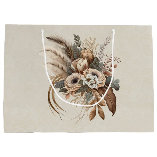 Elegante bloemen, bladeren en veren groot cadeauzakje (Achterkant)