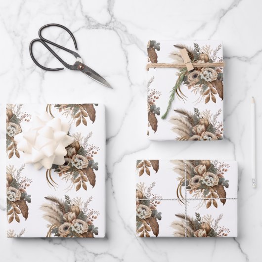 Elegante bloemen, bladeren en veren inpakpapier vel (Voorkant)
