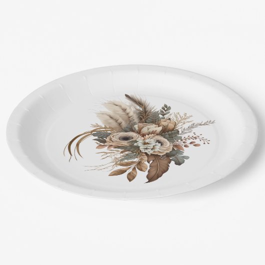 Elegante bloemen, bladeren en veren papieren bordje (Gekanteld)