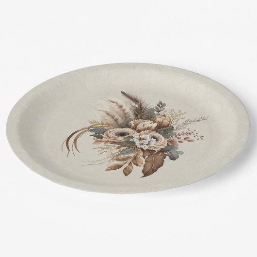 Elegante bloemen, bladeren en veren papieren bordje (Gekanteld)