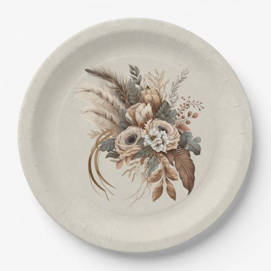 Elegante bloemen, bladeren en veren papieren bordje (Voorkant)