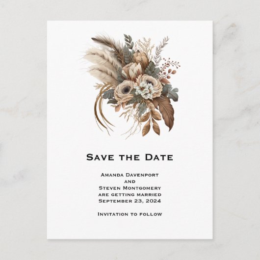 Elegante bloemen bladeren en veren sparen de datum uitnodiging briefkaart (Voorkant)