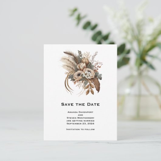 Elegante bloemen bladeren en veren sparen de datum uitnodiging briefkaart (Staand voorkant)