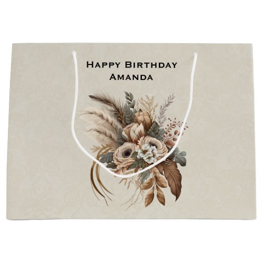 Elegante bloemen bladeren en veren verjaardag groot cadeauzakje (Voorkant)