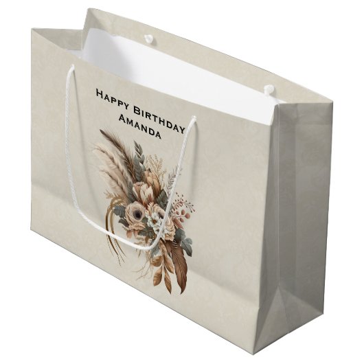 Elegante bloemen bladeren en veren verjaardag groot cadeauzakje (Voorkant Gekanteld)