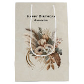 Elegante bloemen bladeren en veren verjaardag medium cadeauzakje (Achterkant)