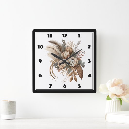 Elegante bloemen, bladeren en veren vierkante klok (Huis)