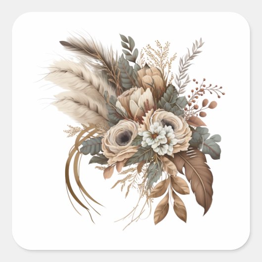 Elegante bloemen, bladeren en veren vierkante sticker (Voorkant)