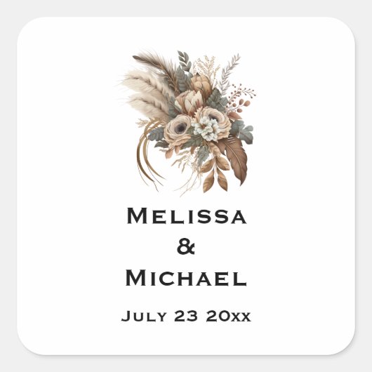 Elegante Bloemen Bladerwerk en Veren Trouwdatum Vierkante Sticker (Voorkant)