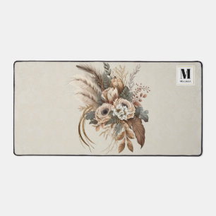 Elegante Bloemen Bladgroen en Veren Monogram Bureaumat